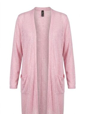 Women's Open-Front Long Pink Cardigan with Pockets